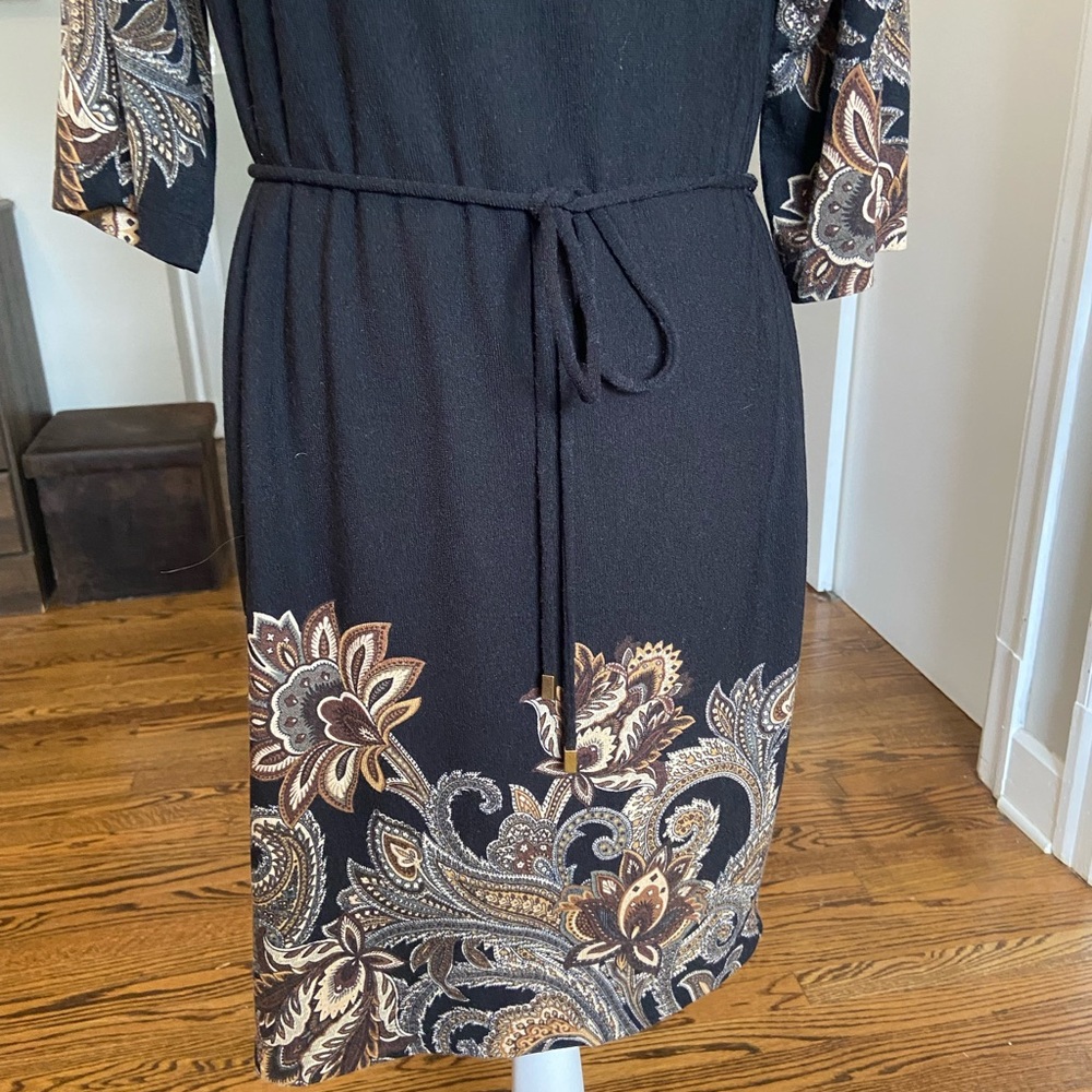 Sandra Darren Black and Brown Paisley 3/4 Sleeve Dress - Picture 3 of 8